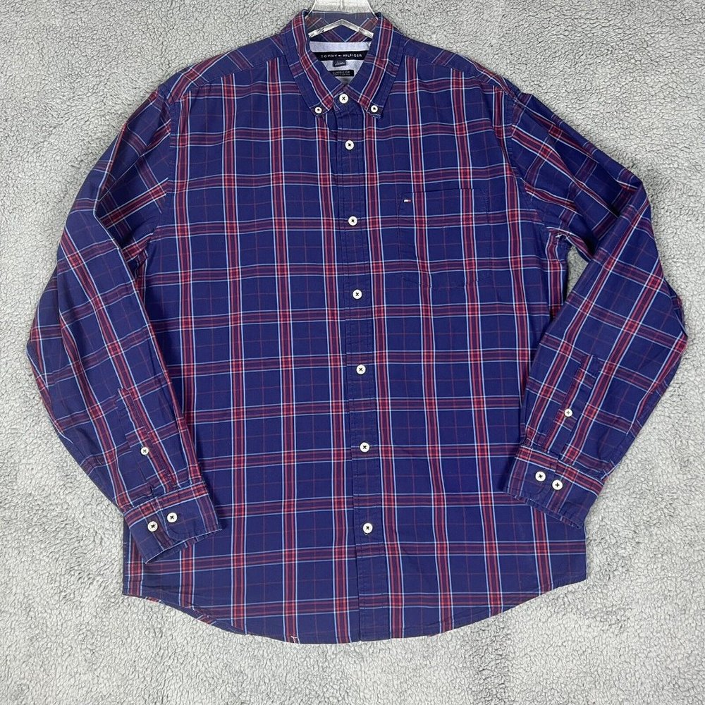 Tommy Hilfiger Mens Large Long Sleeve Shirt Blue Plaid Button Down Classic Fit